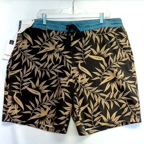 Goodfellow & Co Mens Board Shorts Leaf Print Size 42 Black Tan New - Picture 1 of 11